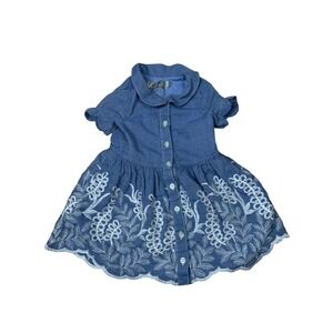 Genuine Kids Oshkosh 2T Toddler Girls Dress Embroidered Blue Button Up Floral